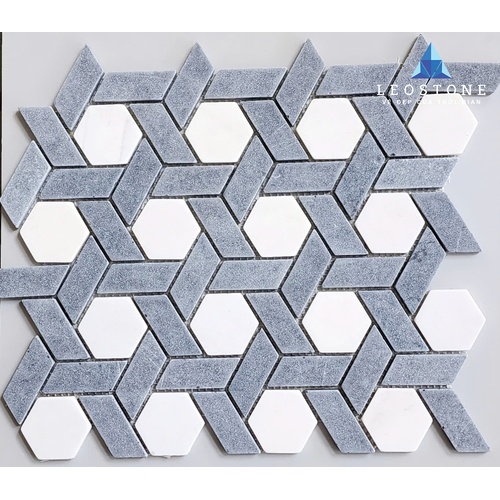 ĐÁ MOSAIC HỌA TIẾT LỤC GIÁC ĐAN XEN TRẮNG - XANH NHẠT