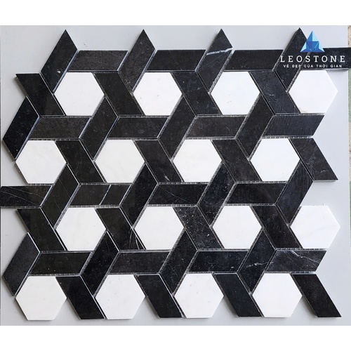 Đá Mosaic Họa tiết lục giác đan xen Trắng - Đen