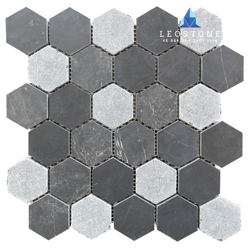 ĐÁ MOSAIC LỤC GIÁC ĐEN, GHI NHẠT HONED