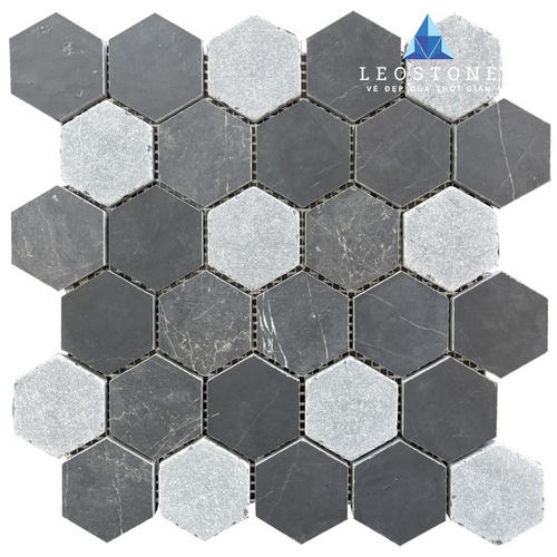 ĐÁ MOSAIC LỤC GIÁC ĐEN, GHI NHẠT HONED