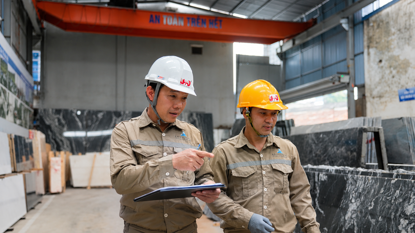 Kiểm tra slab đá tự nhiên tại kho Leostone