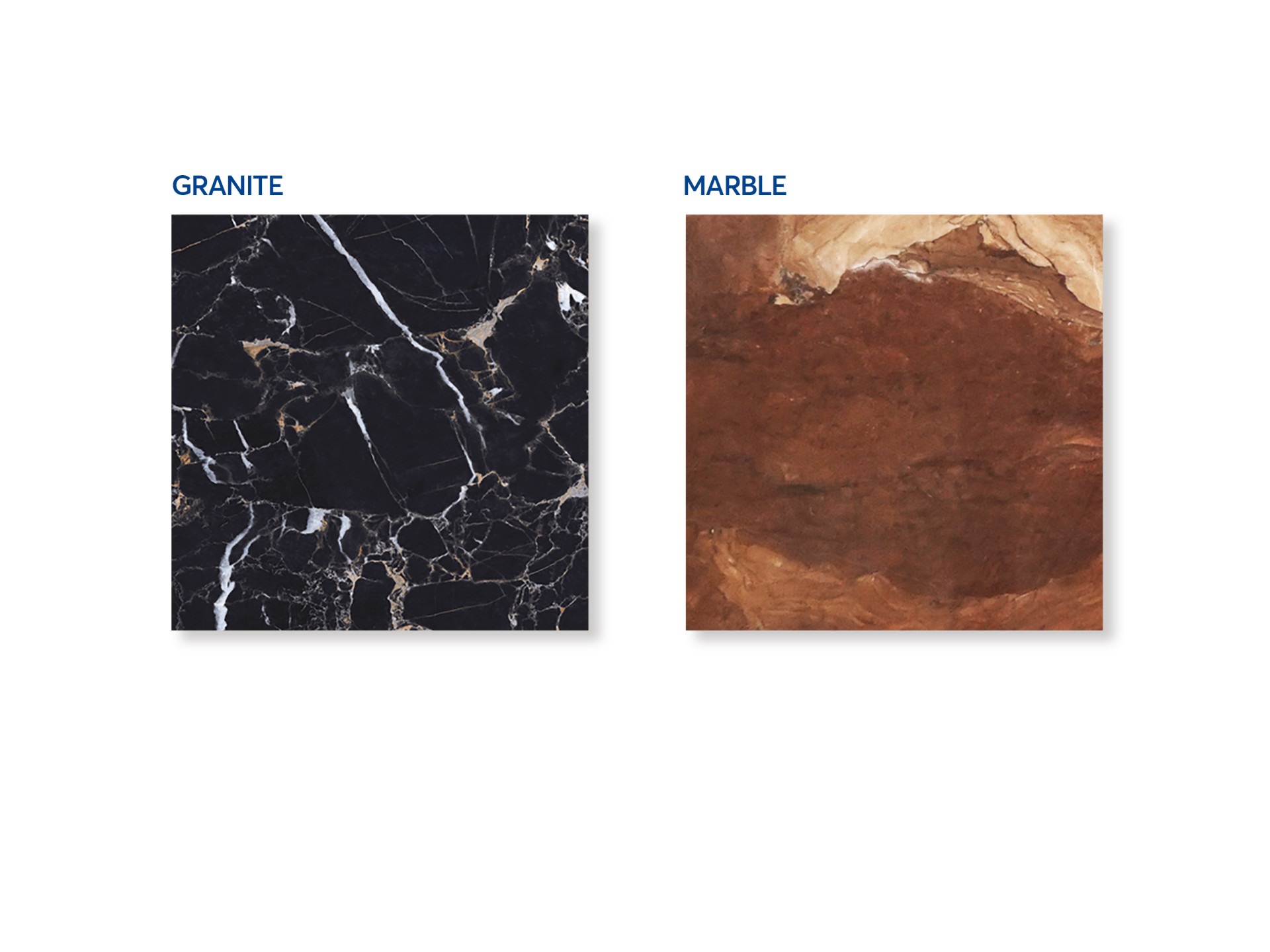 Các slab Marble và Granite tại kho, thể hiện sự khác nhau về màu sắc, vân và kích thước. 