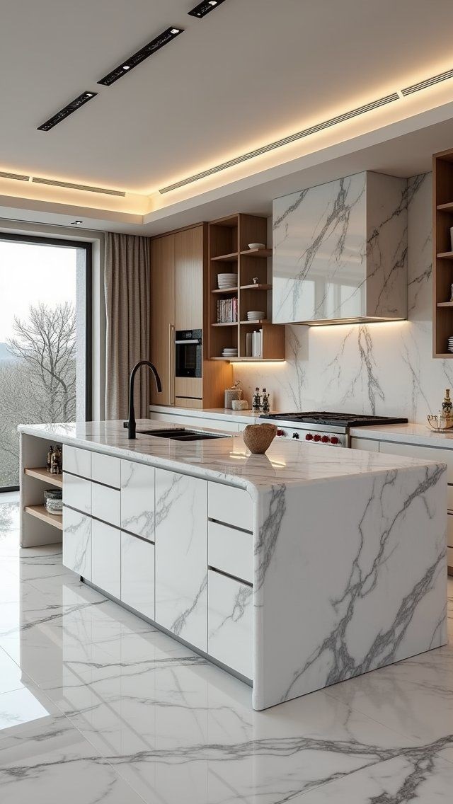 Không gian bếp với đá marble