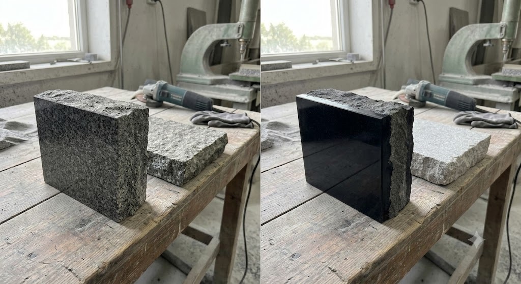 Ảnh: Bên trái đá granite tự nhiên, bên phải đá granite nhân tạo