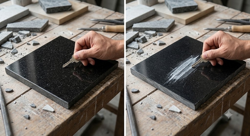 Ảnh: Bên trái đá granite tự nhiên, bên phải đá granite nhân tạo