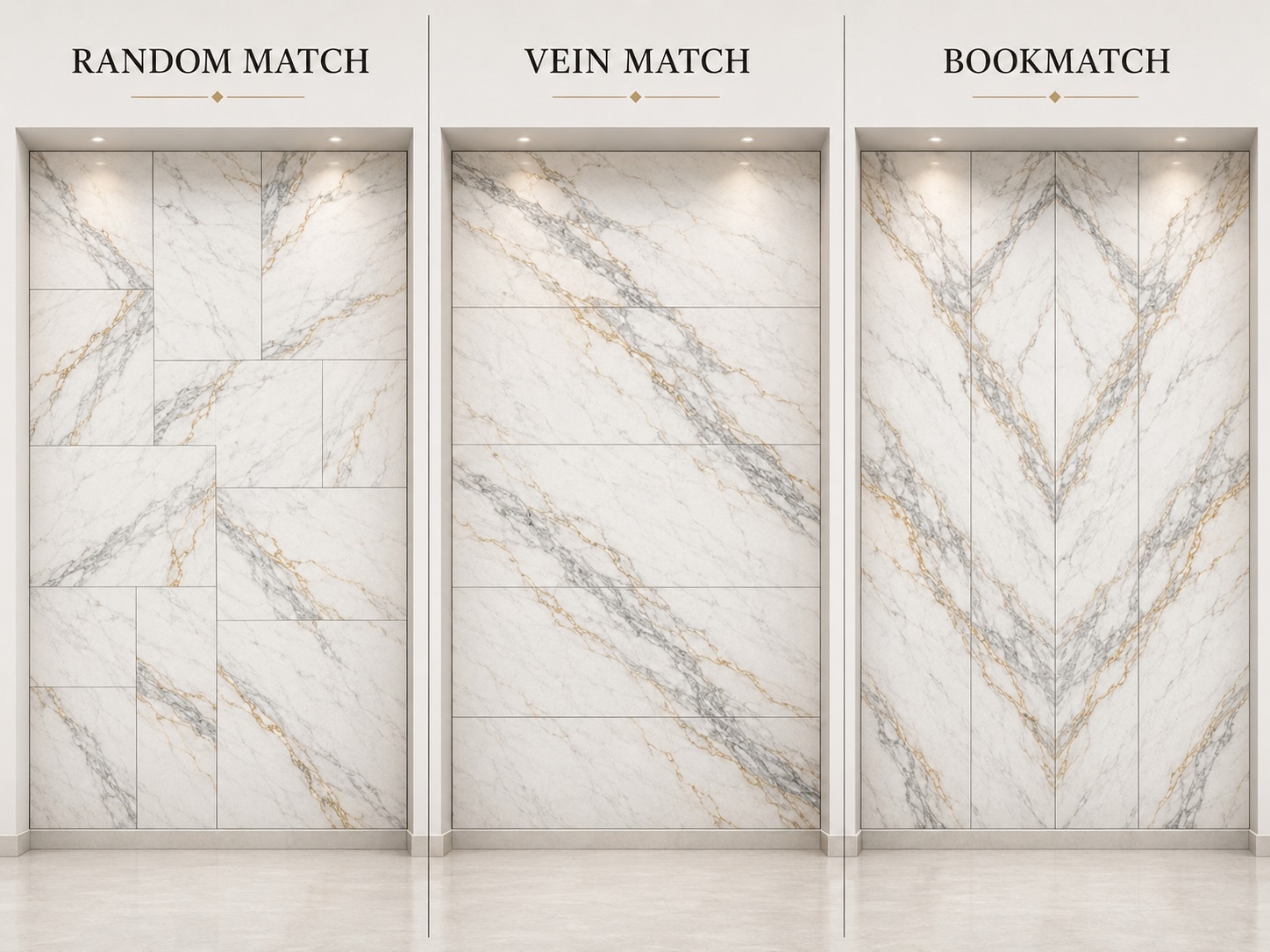 So sánh ba bố cục: random match – vein match – bookmatch.