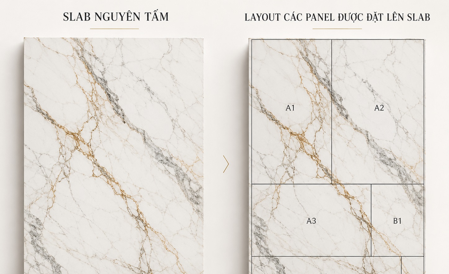 Slab Marble nguyên tấm và layout các panel được đặt lên slab  