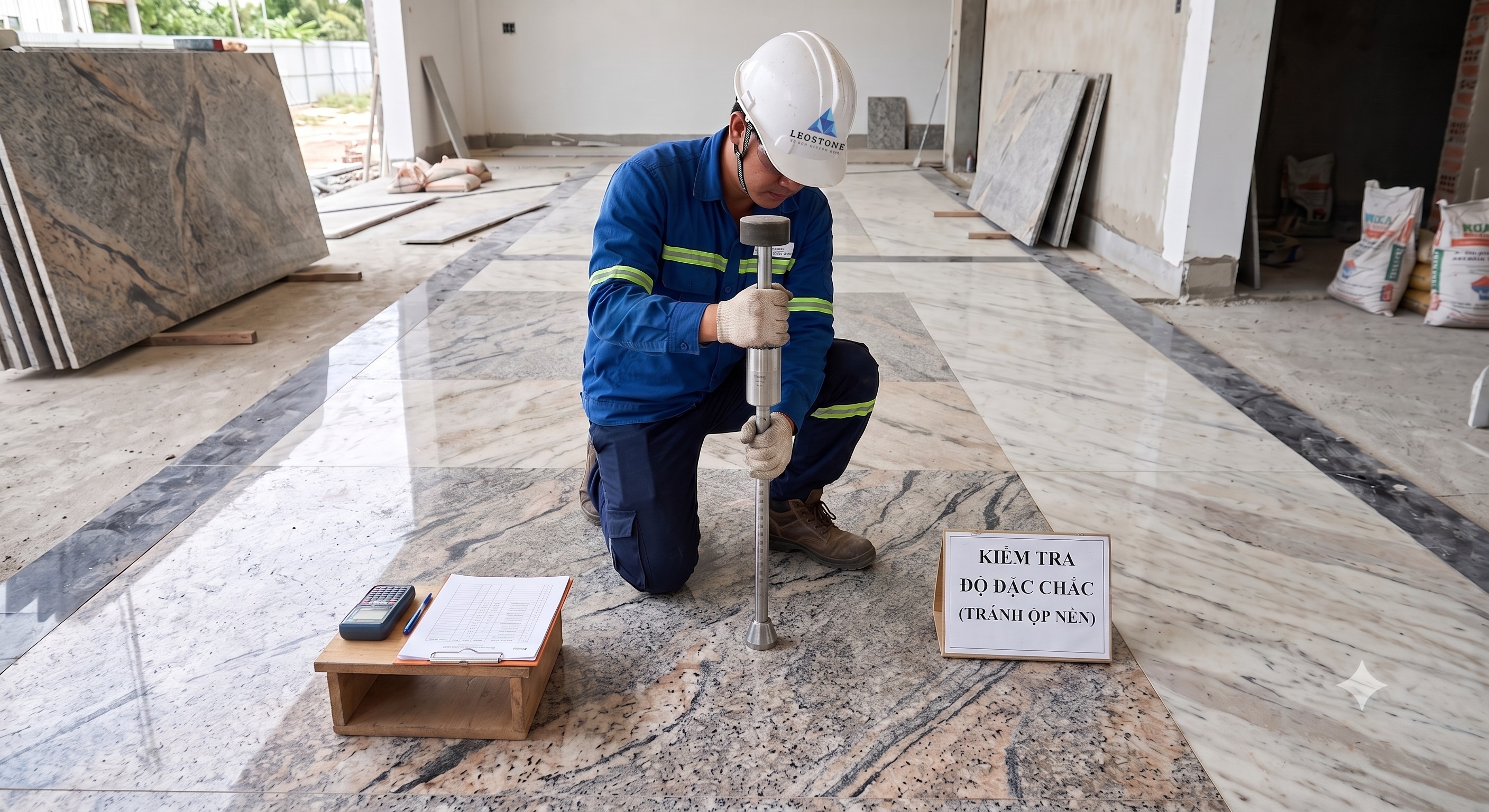 Kỹ thuật viên Leostone nghiệm thu bề mặt đá ốp lát, kiểm tra độ đặc chắc để chống ộp nền thi công 